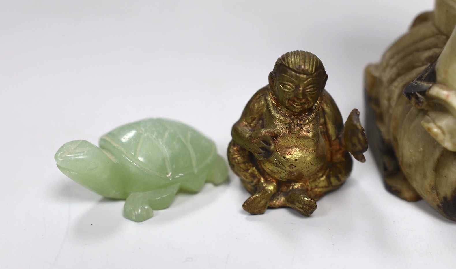 Assorted Chinese works of art including a soapstone carving of a luohan, 16cms high
